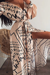 Vestido largo cruzado de manga larga con estampado